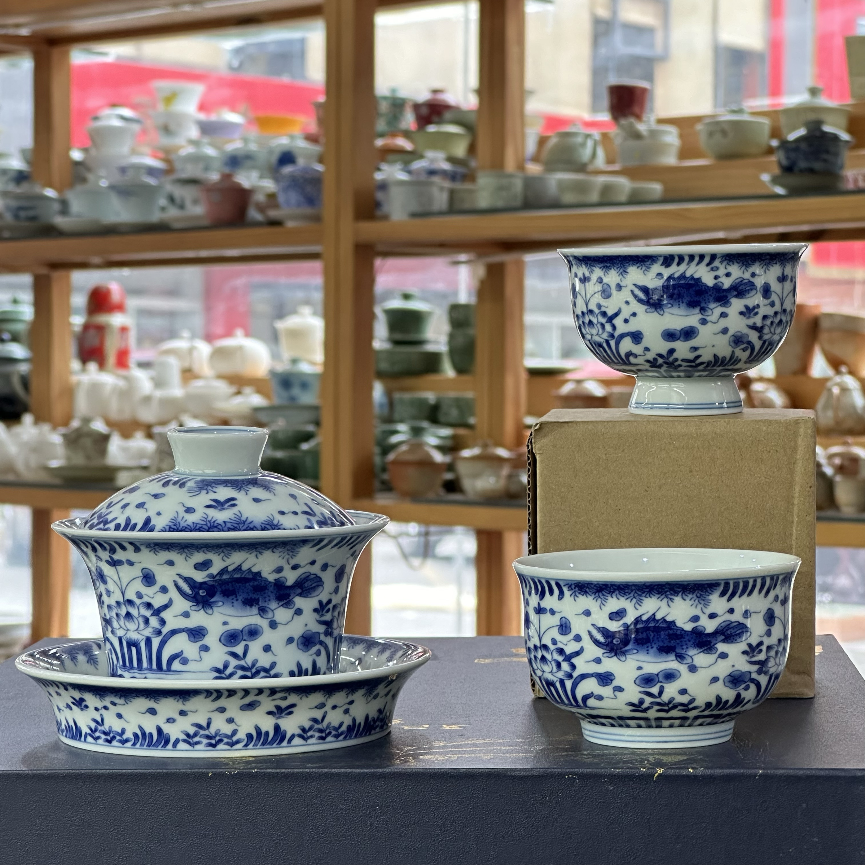 景德镇青花鱼藻纹三才盖碗陶瓷马蹄茶杯主人杯单杯大号茶碗品茗杯