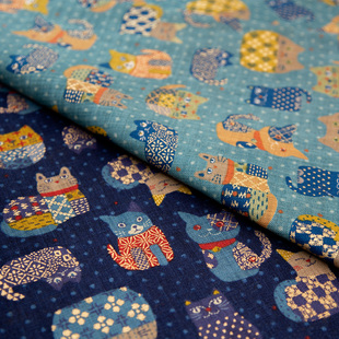 日本进口纯棉烫金猫柄粗织仿麻复古面料服装桌布帘子包包手工布料