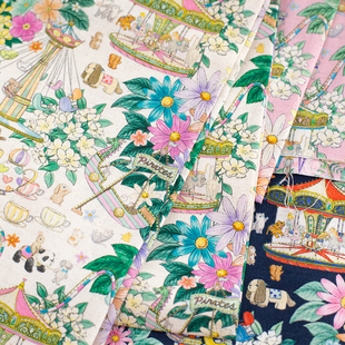 日本松浦Yukiemon棉麻混纺卡通可爱夏薄软面料包包裙布游乐公园