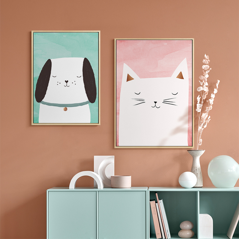 Meiisn猫狗小动物可爱创意装饰画儿童房书房壁画卧室床头挂画温馨图片