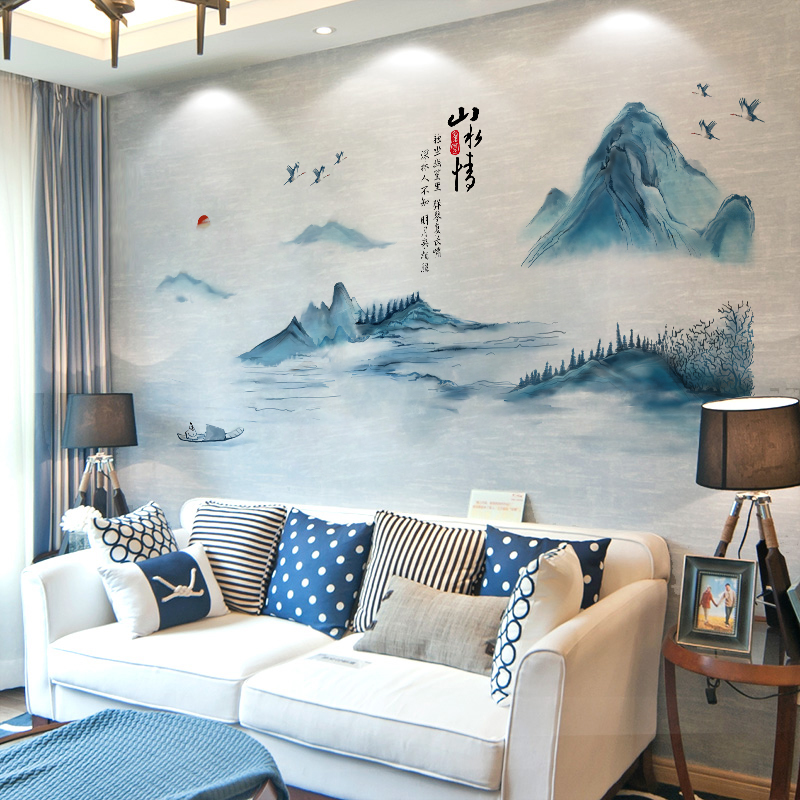 中国风水墨山水画墙贴画新中式客厅墙面装饰贴纸卧室床头墙纸自粘,家居饰品,软装墙贴,淘宝优惠券,粉丝福利购,淘宝优惠卷