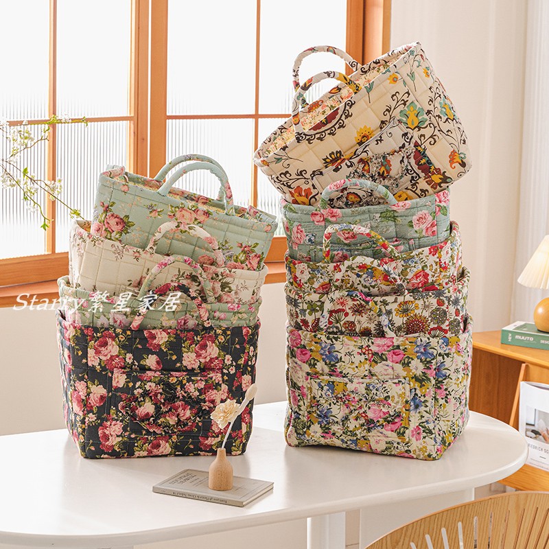 复古碎花手提收纳筐布艺大容量家用车载玩具内衣收纳篮床头整理篮