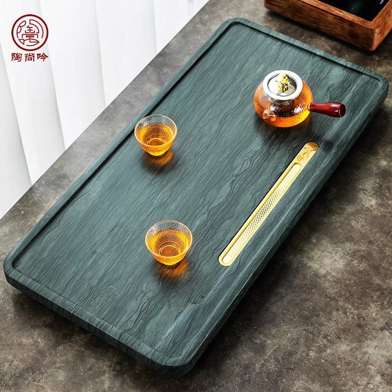 整块手工抛光黄铜木纹石茶盘中式长方形排水茶台简约办公家用托盘