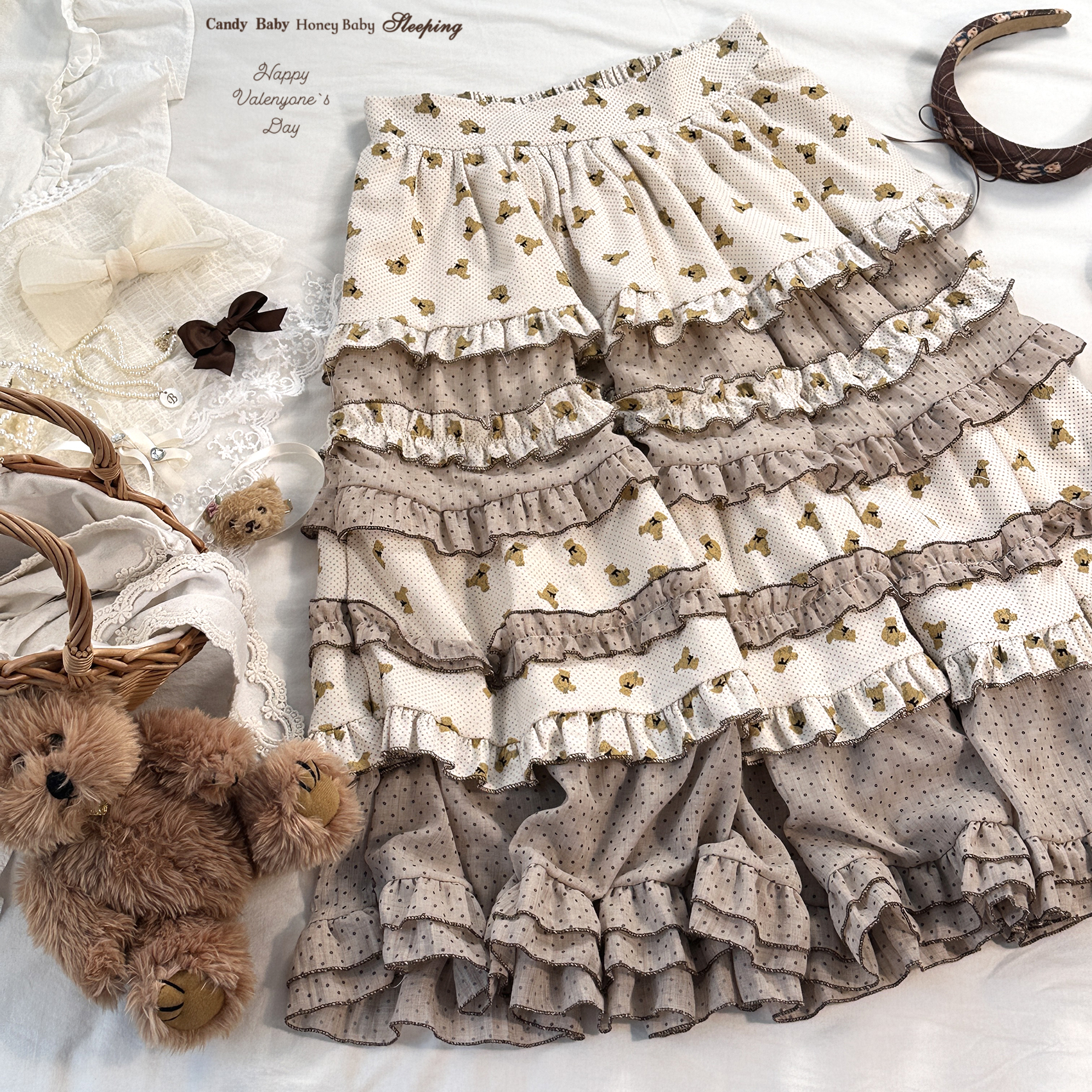 thumbnail for *Sleepingdoll homemade* Lily Bear tiered satin maxi cotton dotted skirt