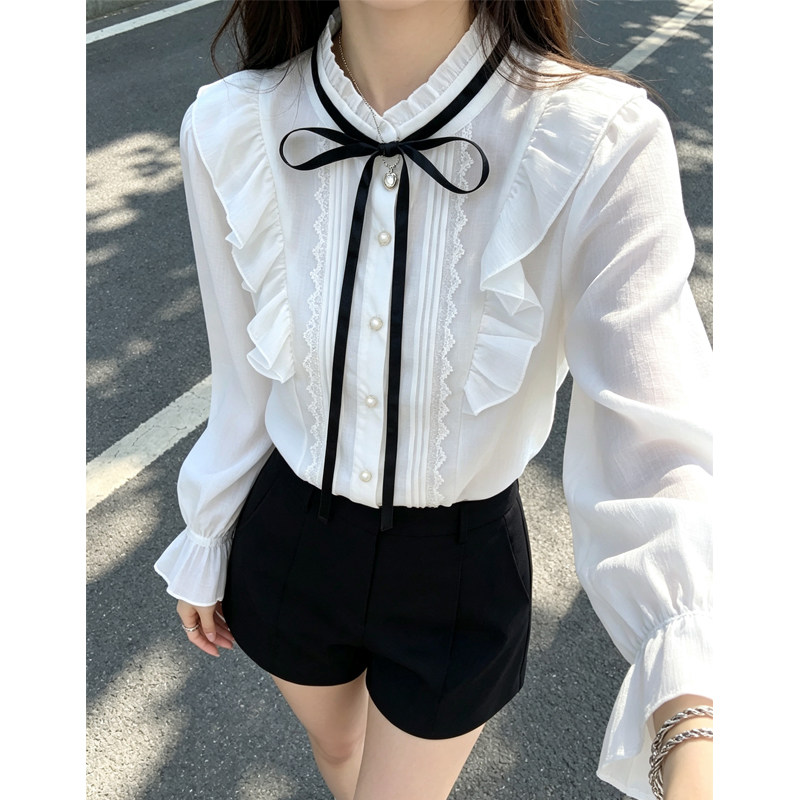 小香风蝴蝶结衬衫女春秋气质木耳边法式复古宫廷系带长袖雪纺上衣