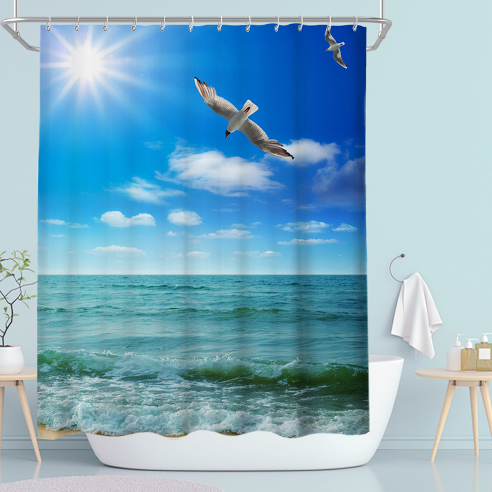 加厚海岛风景海水海鸟阳光蓝天白云大海防水防霉浴帘卫生间隔断帘