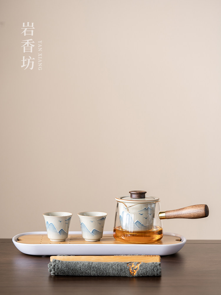 岩香坊手绘山水一壶两杯玻璃茶壶功夫茶具套装陶瓷釉下彩泡茶壶