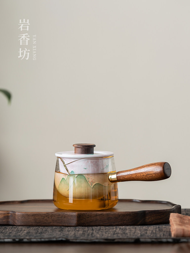 岩香坊白瓷手绘青山侧把壶泡茶家用高温玻璃功夫茶具陶瓷内胆茶壶