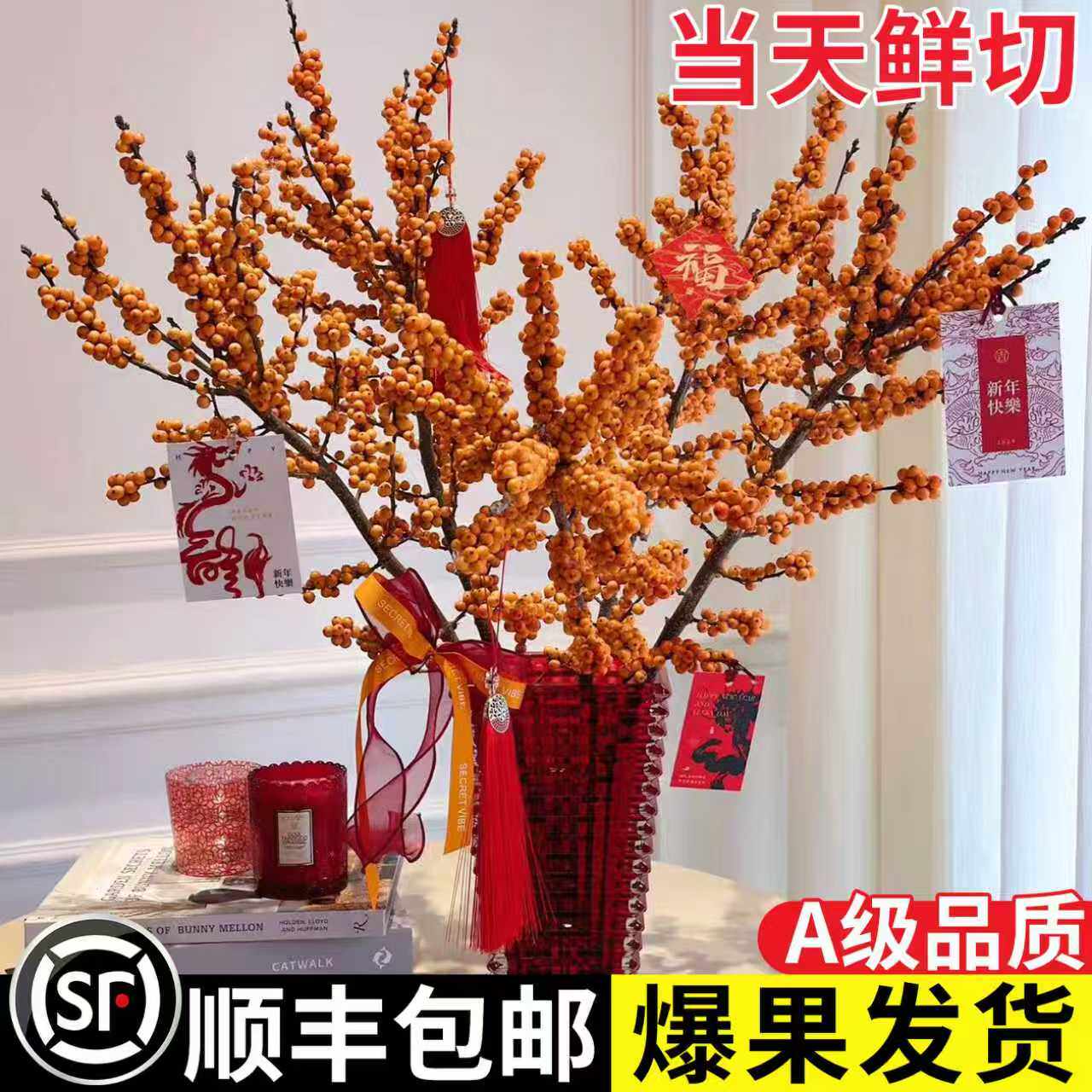 进口北美橙色冬青真花鲜切枝水培植物室内客厅桌面插花摆件年宵花,鲜花速递/花卉仿真/绿植园艺,时令草本花卉,淘宝优惠券,粉丝福利购,淘宝优惠卷