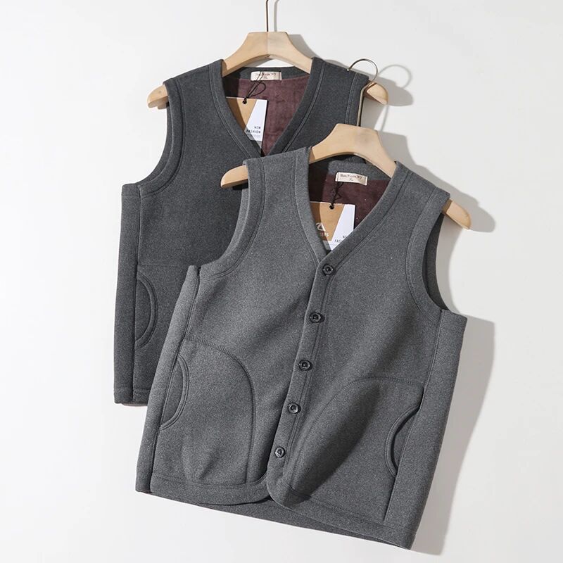 冬季男士加绒加厚防风保暖V领休闲针织坎肩马甲背心