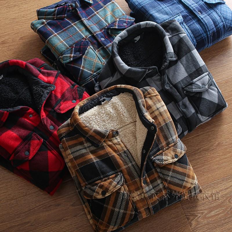 加绒加厚长袖衬衫经典格纹翻领