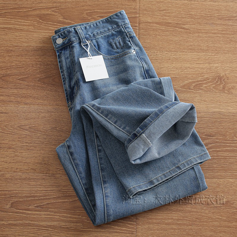 外贸日单 春季男士直筒宽松酵素水洗纯棉刺绣百搭休闲牛仔长裤潮