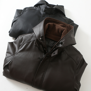 冬季 充绒蓬松加厚户外防风保暖休闲连帽机车皮衣羽绒服外套潮 男士