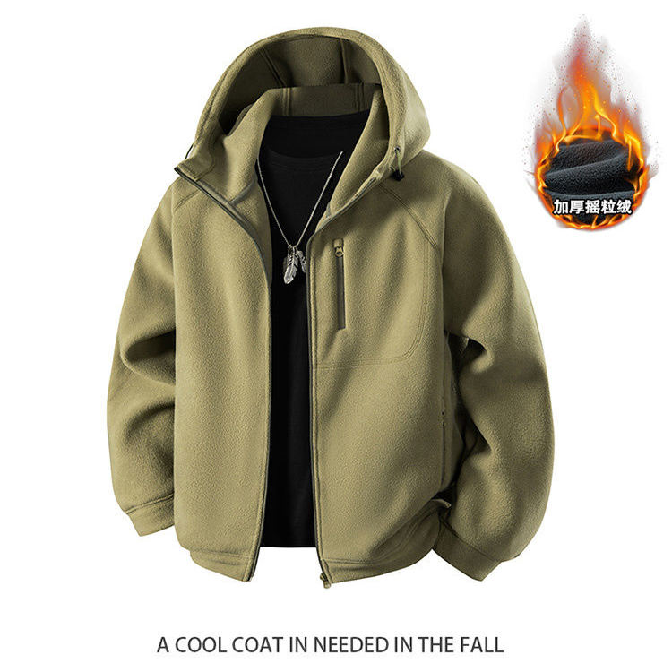 高克重摇粒绒冬季男士加绒加厚户外防风保暖连帽拉链夹克卫衣外套