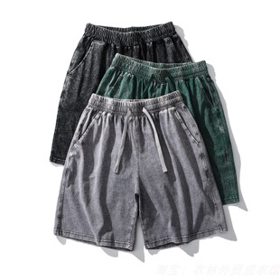 直筒宽松休闲松紧腰五分裤 夏男士 复古砂洗纯棉做旧短裤 240克美式