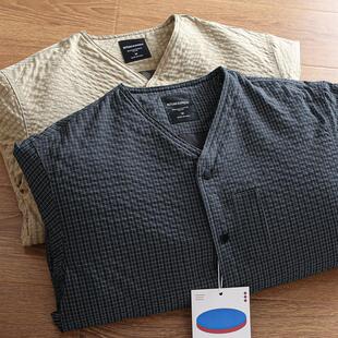 日单 冬季男士宽松绗缝夹棉加厚防风保暖无领小格子休闲棉衣棉服