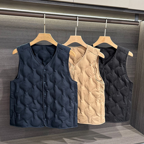 70%绵羊毛 秋冬男士葫芦形夹棉加厚蓄热保暖纯色休闲棉马甲棉背心