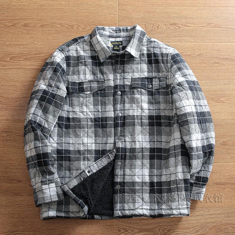 欧美单男士加绒保暖格子衬衫外套