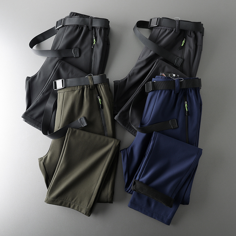冬季男士小直筒加绒加厚户外防风防水保暖休闲软壳裤冲锋裤送腰带