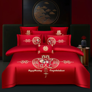 2026新款结婚大红色龙凤刺绣四件套全棉纯棉婚庆床单被套新婚陪嫁
