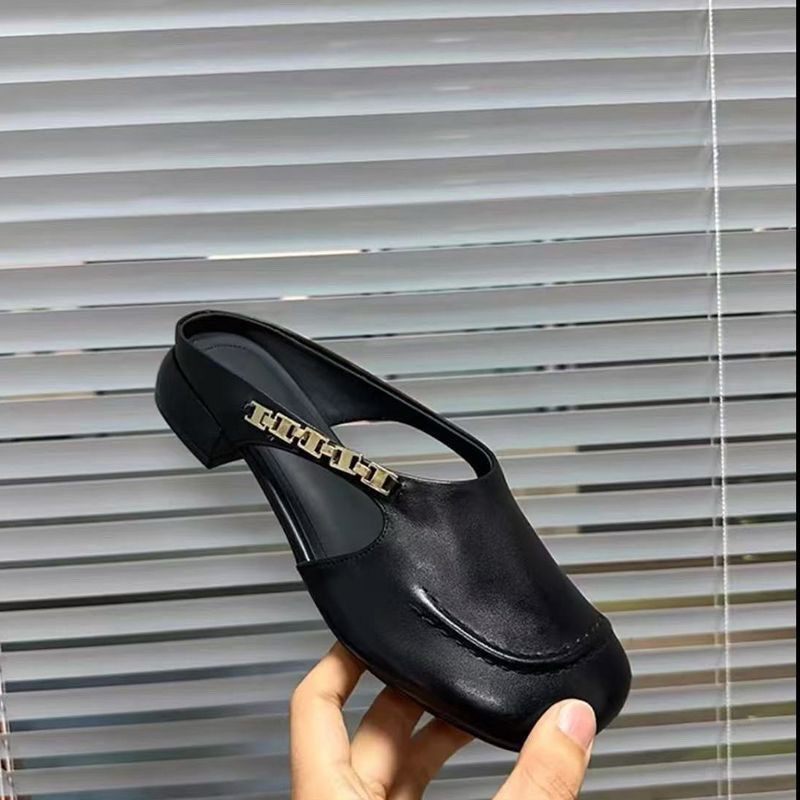 3cm/软皮/粗跟软底包头半拖鞋女时尚夏季新款圆头镂空中跟皮拖鞋