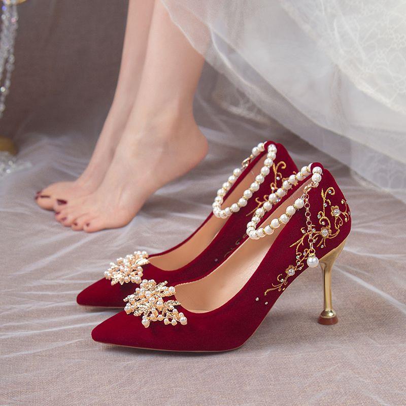 绑带婚鞋女新娘鞋不累脚结婚鞋中式禾秀婚纱两穿红色高跟鞋孕妇鞋