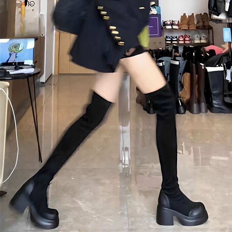 过膝靴女款2026秋冬新款胖mm长筒弹力靴厚底黑色增高显瘦骑士靴女