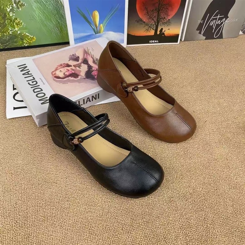 复古玛丽珍小皮鞋女软皮低跟防滑软底一字带通勤软皮妈妈单鞋