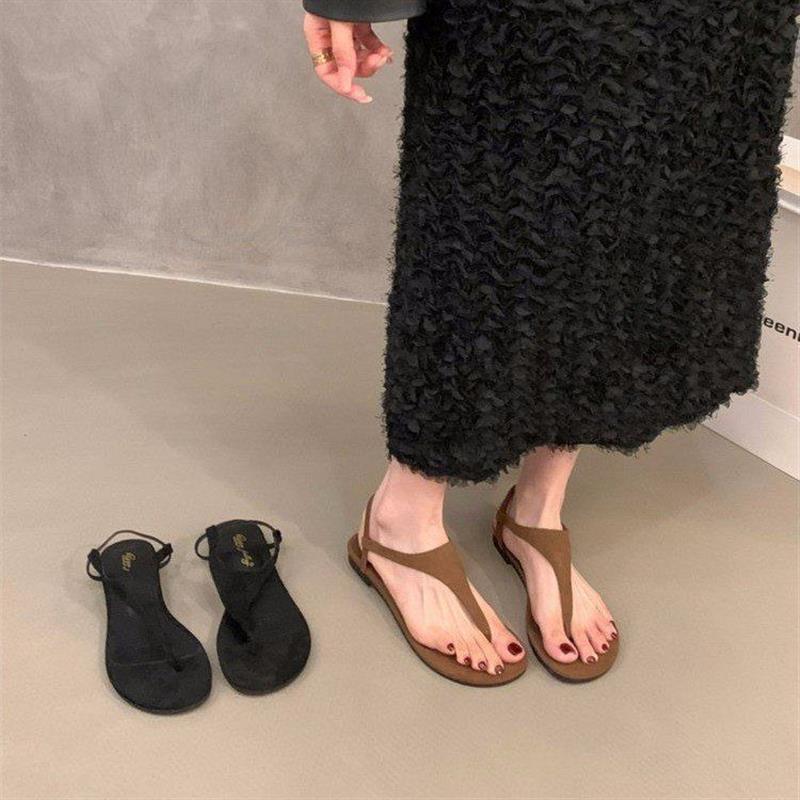 百搭裙子专用鞋网红同款绒面平底夹趾罗马凉鞋女2026新款夏季外穿