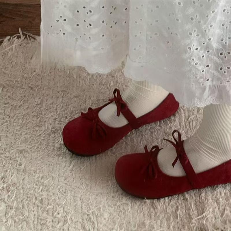 蝴蝶结红色复古玛丽珍鞋子女2026年夏季新款配裙子超软平底单鞋潮