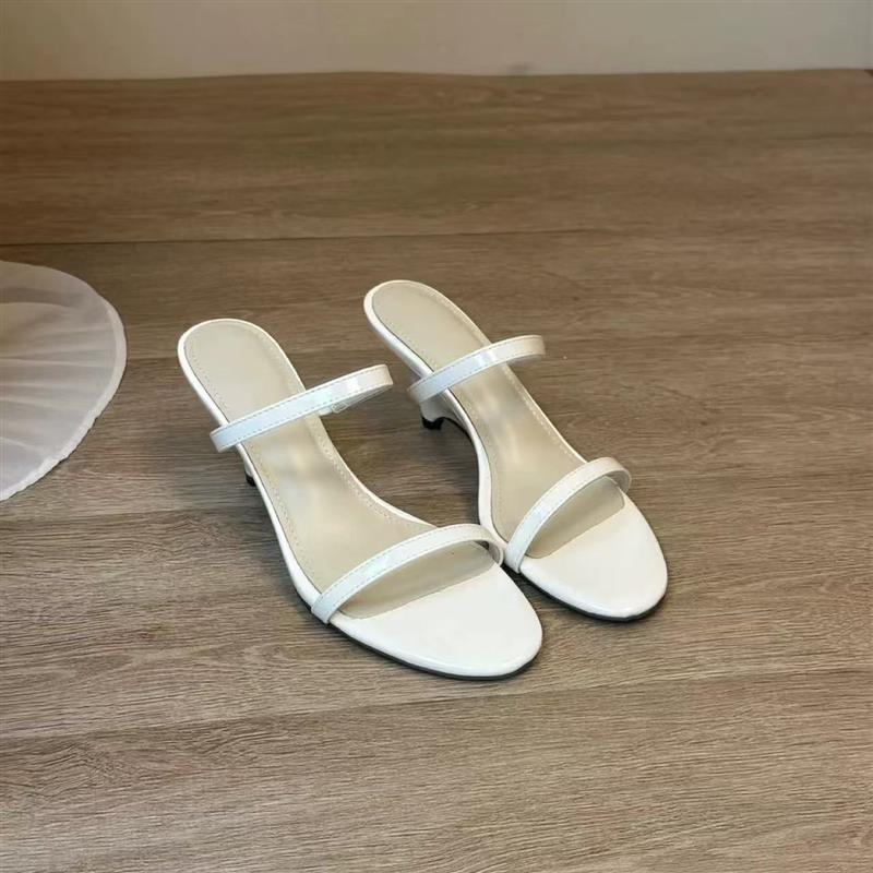 软皮版~法式一字带坡跟凉鞋女夏新款百搭黑色气质露趾高跟凉拖鞋