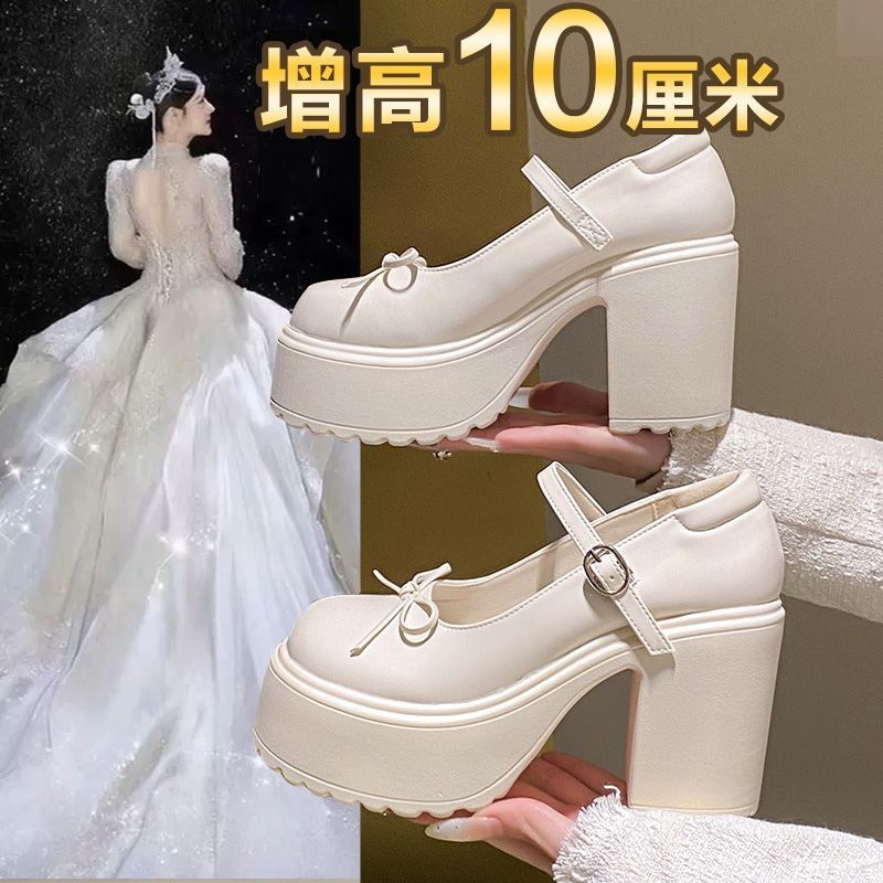 婚鞋女粗跟厚底婚纱专用增高神器新娘伴娘不累脚玛丽珍高跟小皮鞋图片