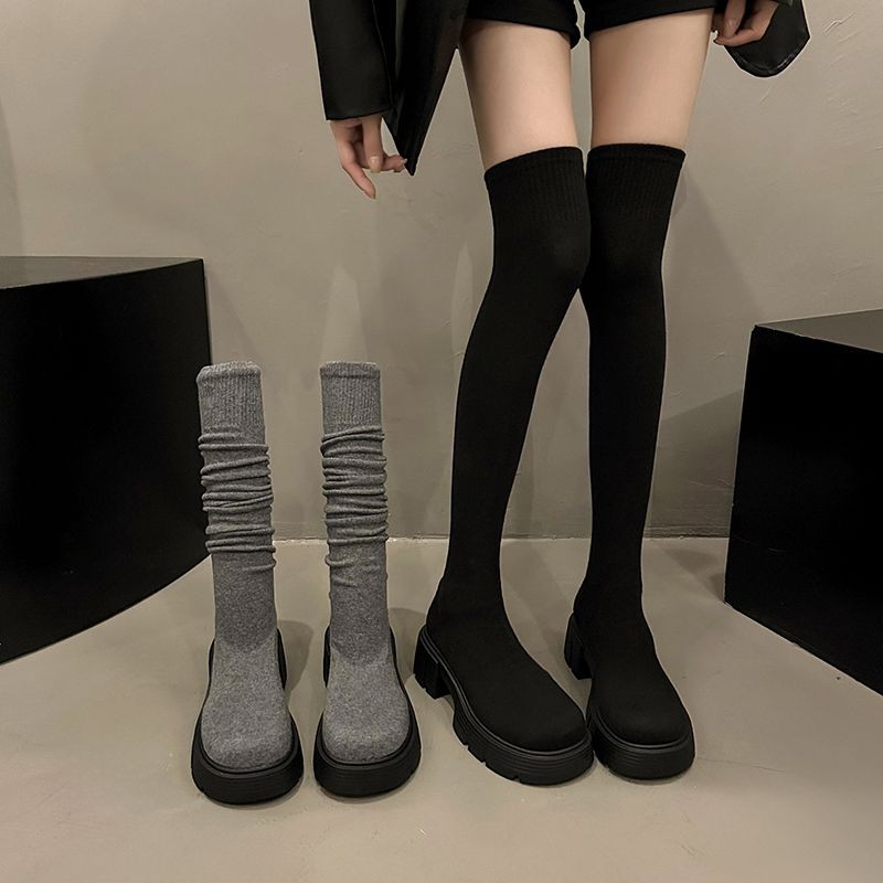 灰色长筒靴女高筒靴子袜靴新款鞋弹力靴袜子靴弹力袜过膝针织长靴