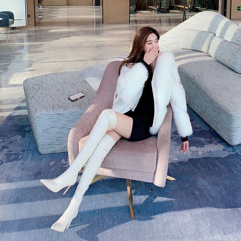 白色过膝长靴女2026年新款秋冬高筒靴子尖头高跟鞋瘦腿弹力长筒靴