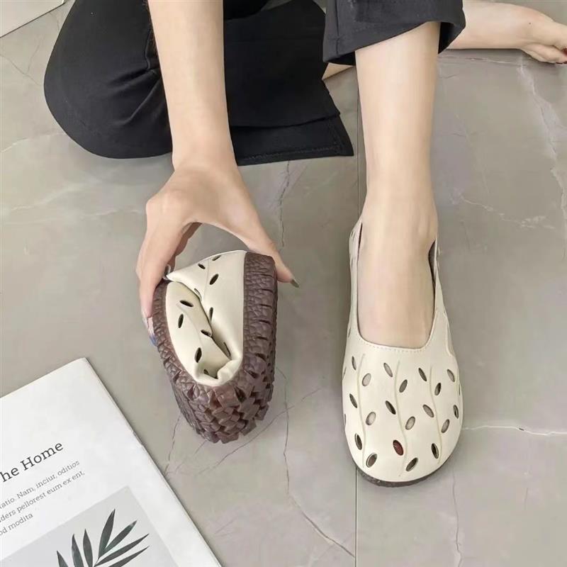 森女系复古文艺镂空软皮透气凉鞋女夏季圆头软底洞洞鞋手工罗马鞋