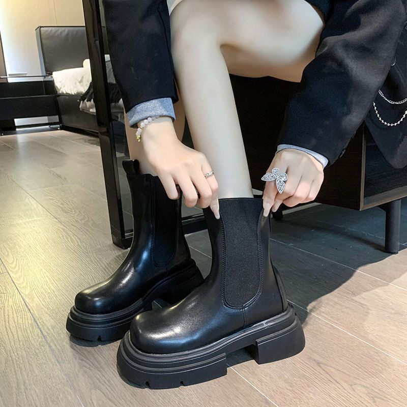 厚底中筒马丁靴女款2026新款春秋单靴英伦烟筒靴子秋季切尔西短靴