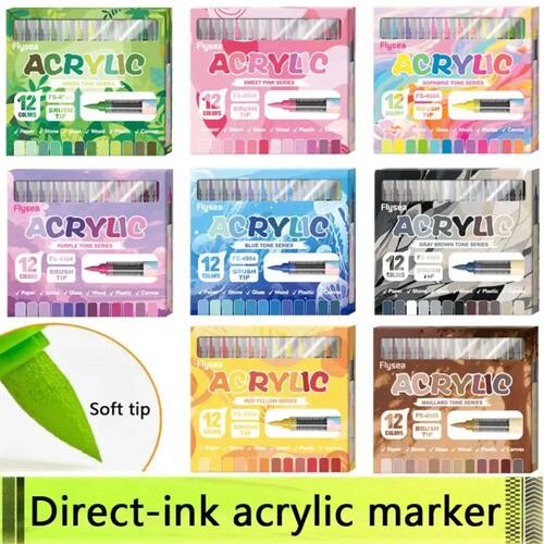 12 Colors Acrylic Paint Markers Soft Brush Tip DIY Acrylic M