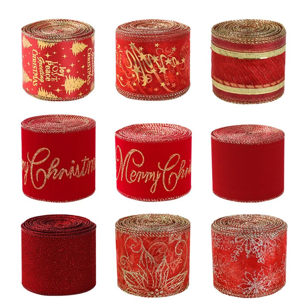 1Roll Christmas Ribbons Gold Red Wire Edge for DIY Xmas Tree