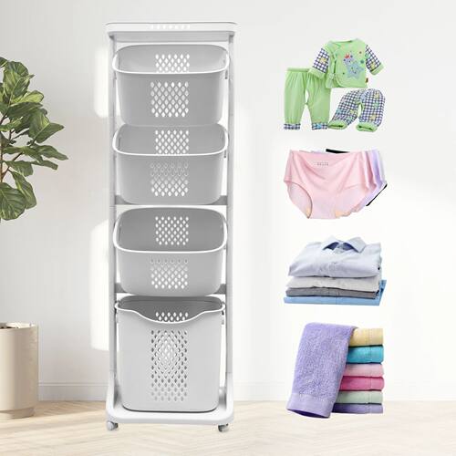 2/4 Tier Laundry Basket Cart Removable Storage Buckets Plast