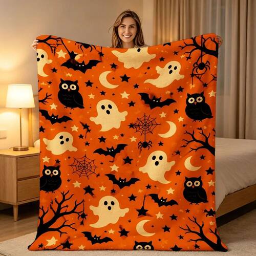 Spooky Orange Black Owl Bat Moon Throw Blanket Plush Couch C