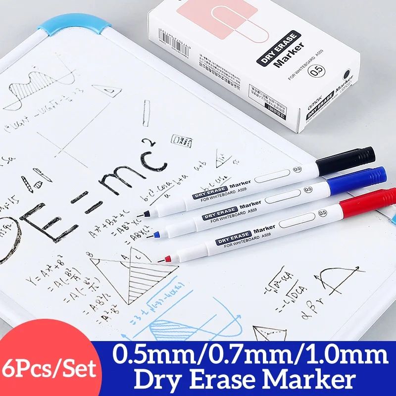 6Pcs Fine Tip Dry Erase Markers Set 0.5/0.7/1.0mm Thin White图片