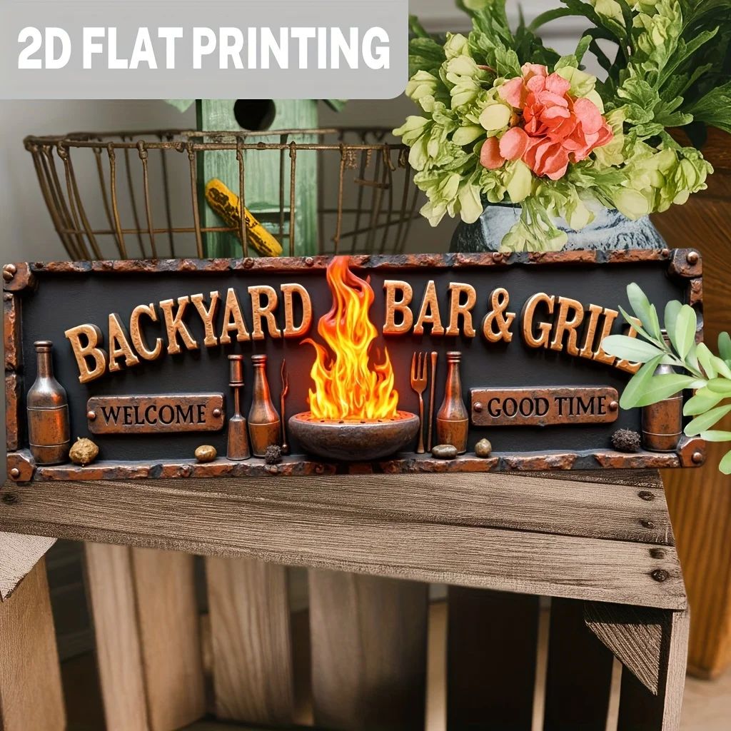 2D Flat 1pc Rustic Backyard Bar & Grill Aluminum Wall Sign -