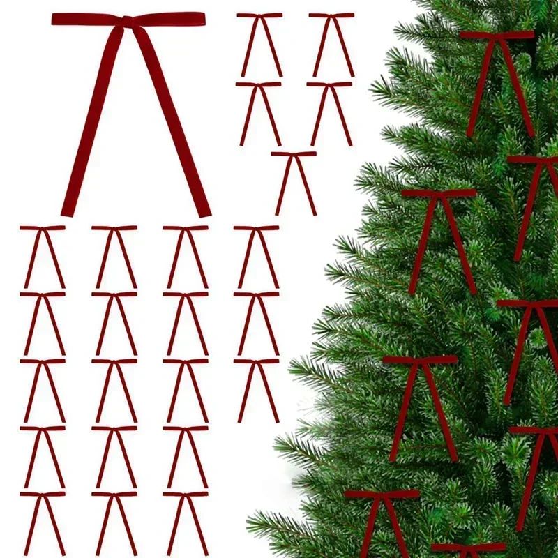 12pcs Velvet Christmas Tree Bows Red Christmas Ribbon Bows D