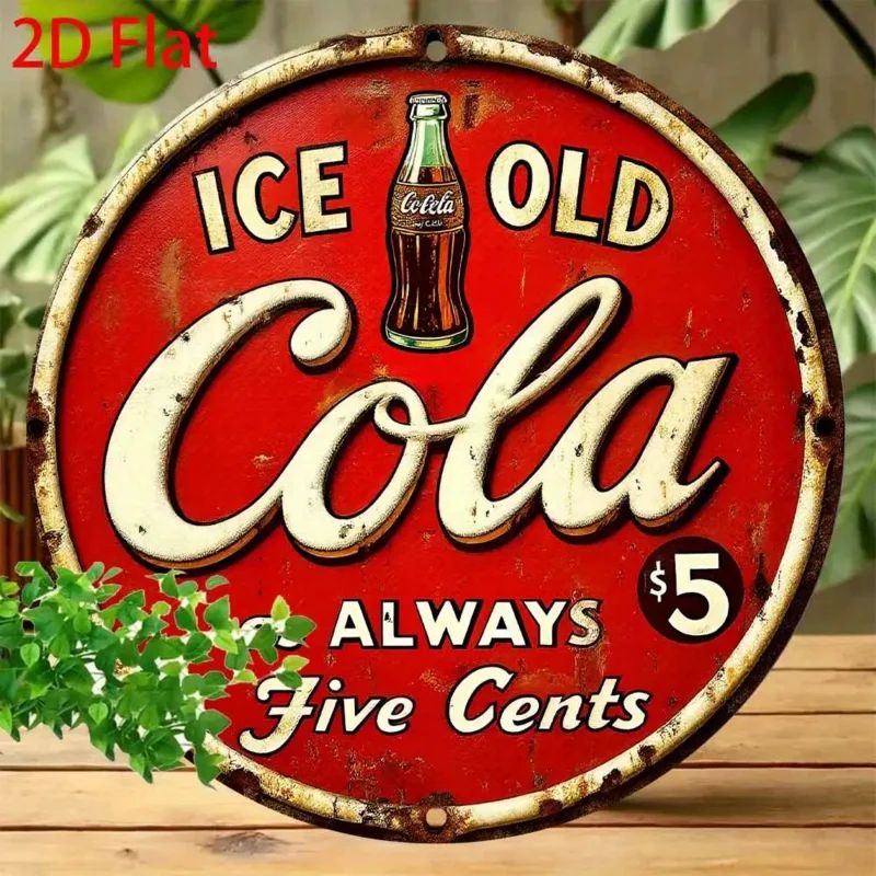 2D FLAT Vintage Cola Metal Sign - 8x8 Inch Round Aluminum Wa