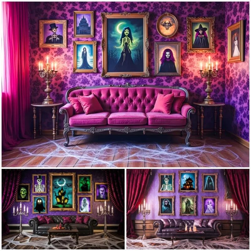 Halloween Party Background Purple House Scary Decorative Pai