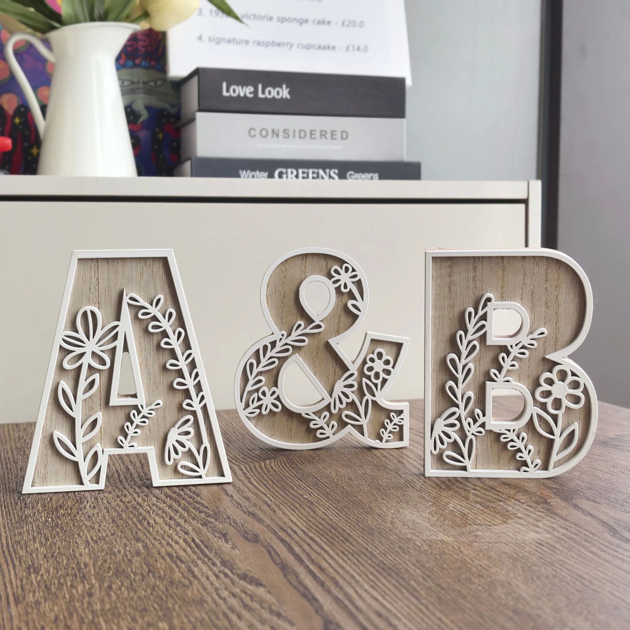 1pc 4.9 Inch Rustic Wooden Floral Carved Alphabet Letter - U