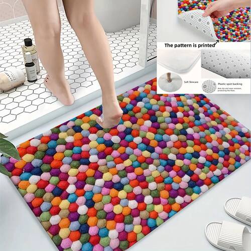 Colorful Pompom Pattern Bath Mat Soft Flannel Non-Slip Rug D