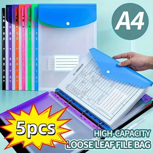 5-Pack Colorful A4 File Folders | 11-Ring Binder Pockets | D