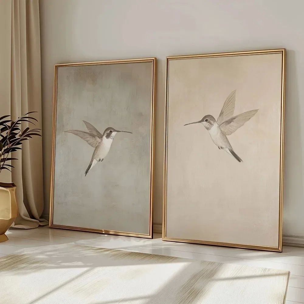 2pcs Frameless Retro Hummingbird Wall Art Canvas Posters Sim