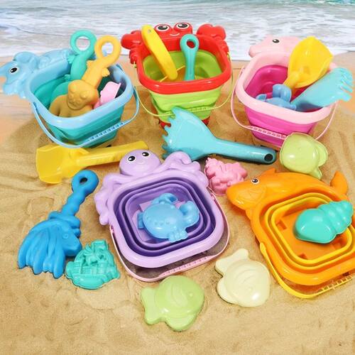 Foldable Silicone Bucket Beach Toys Summer Sand Playing Outd